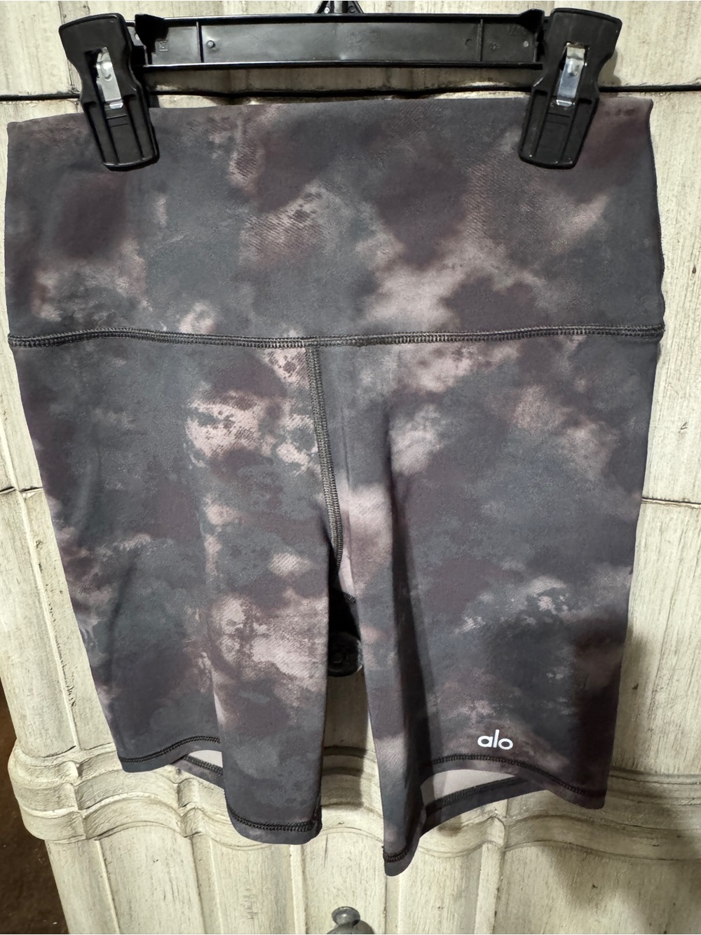 ALO Yoga Black and Gray Tie-Dye High-Rise Bike Shorts